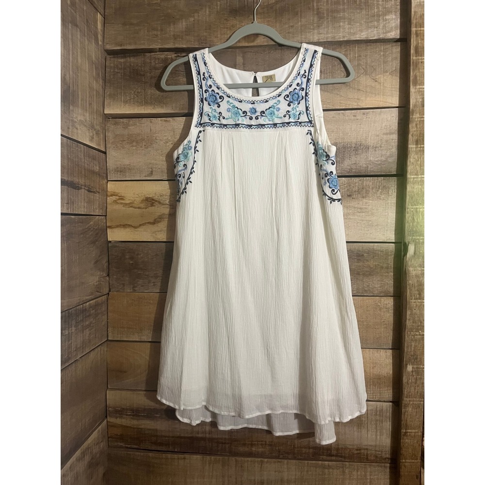 True Craft Embroidered Sleeveless Gauze Shift Dress Blue Floral Boho Medium